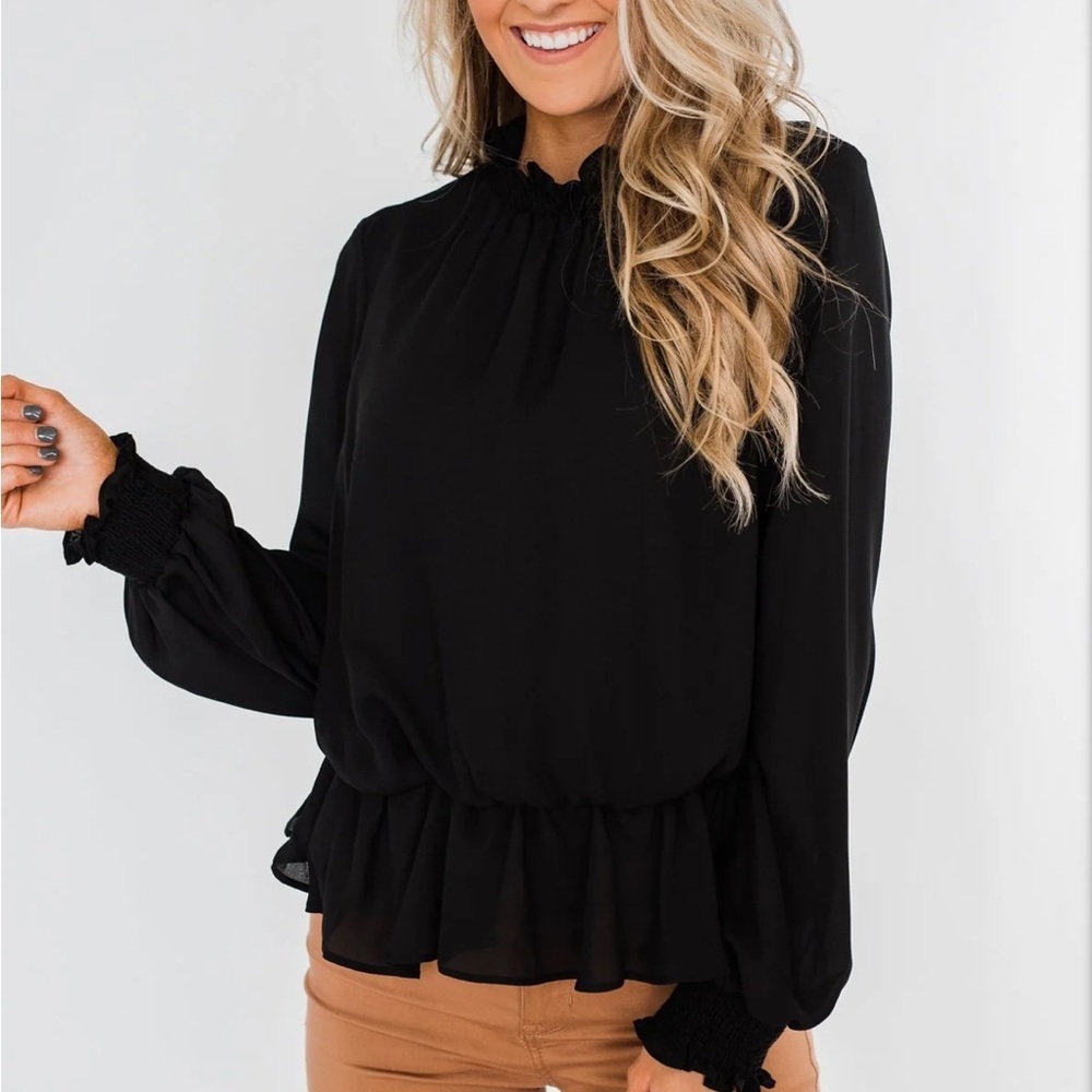 NWT Black Cinched Waist Blouse – Long‎ Sleeve Top L - Picture 6 of 11